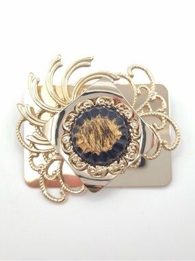 Vintage Gold Tone Filigree Brooch Black Cabochon Pin
